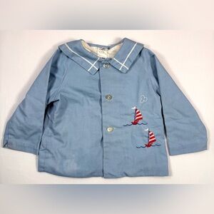VINTAGE SEARS Boys Sailor Jacket Large 2T-3T Nautical Blue Heirloom 70s 80s Boat